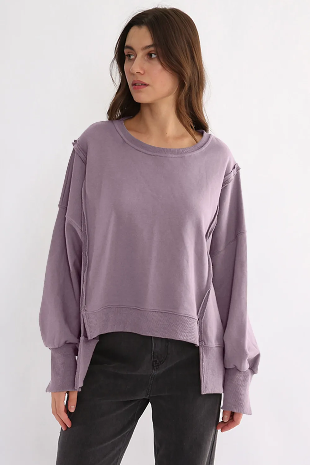 Exposed Seam High-Low Long Sleeve Sweatshirt, image 13