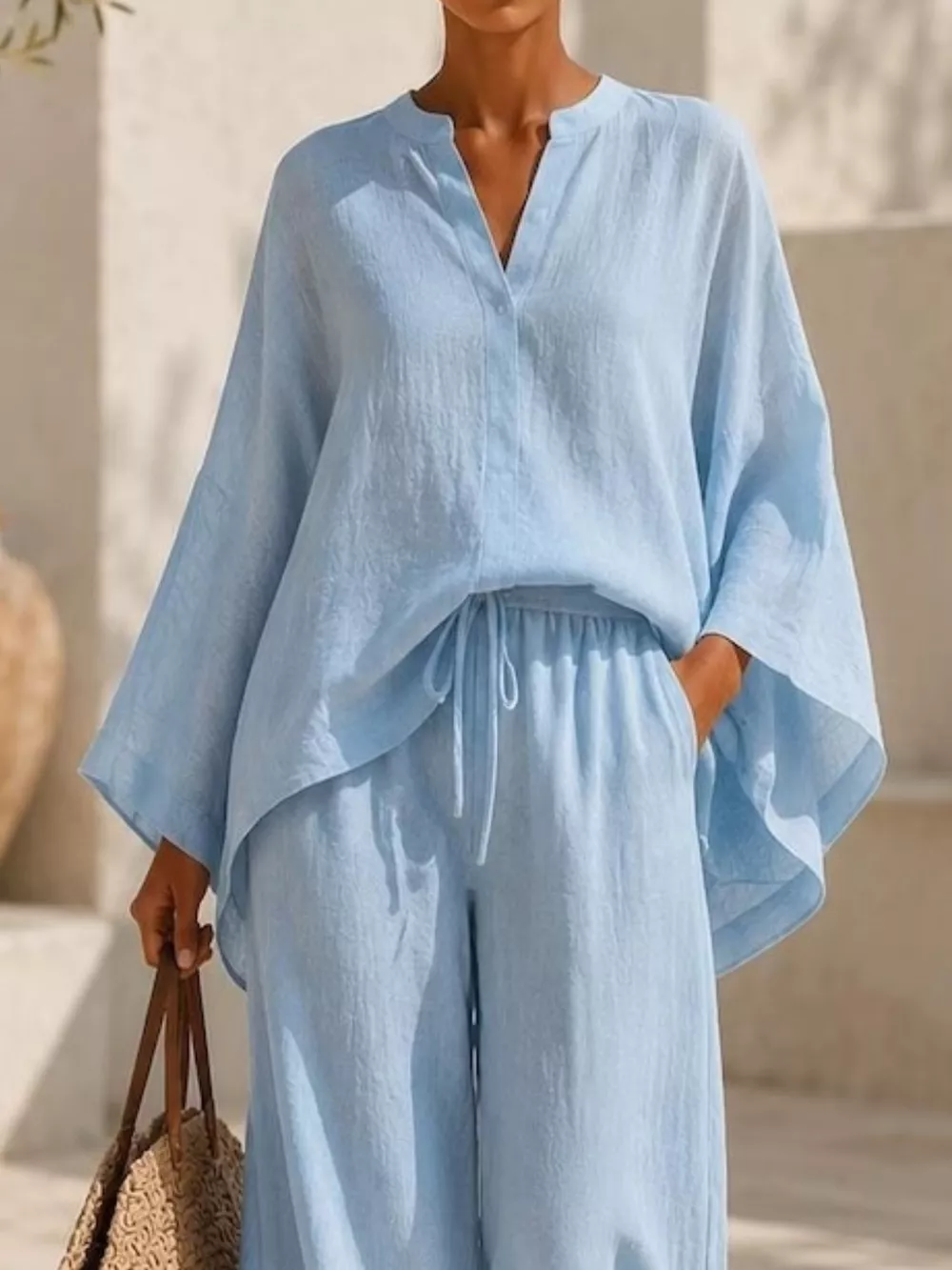 Full Size Notched Long Sleeve Top and Wide-Leg Pants Set Plus Size, image 6