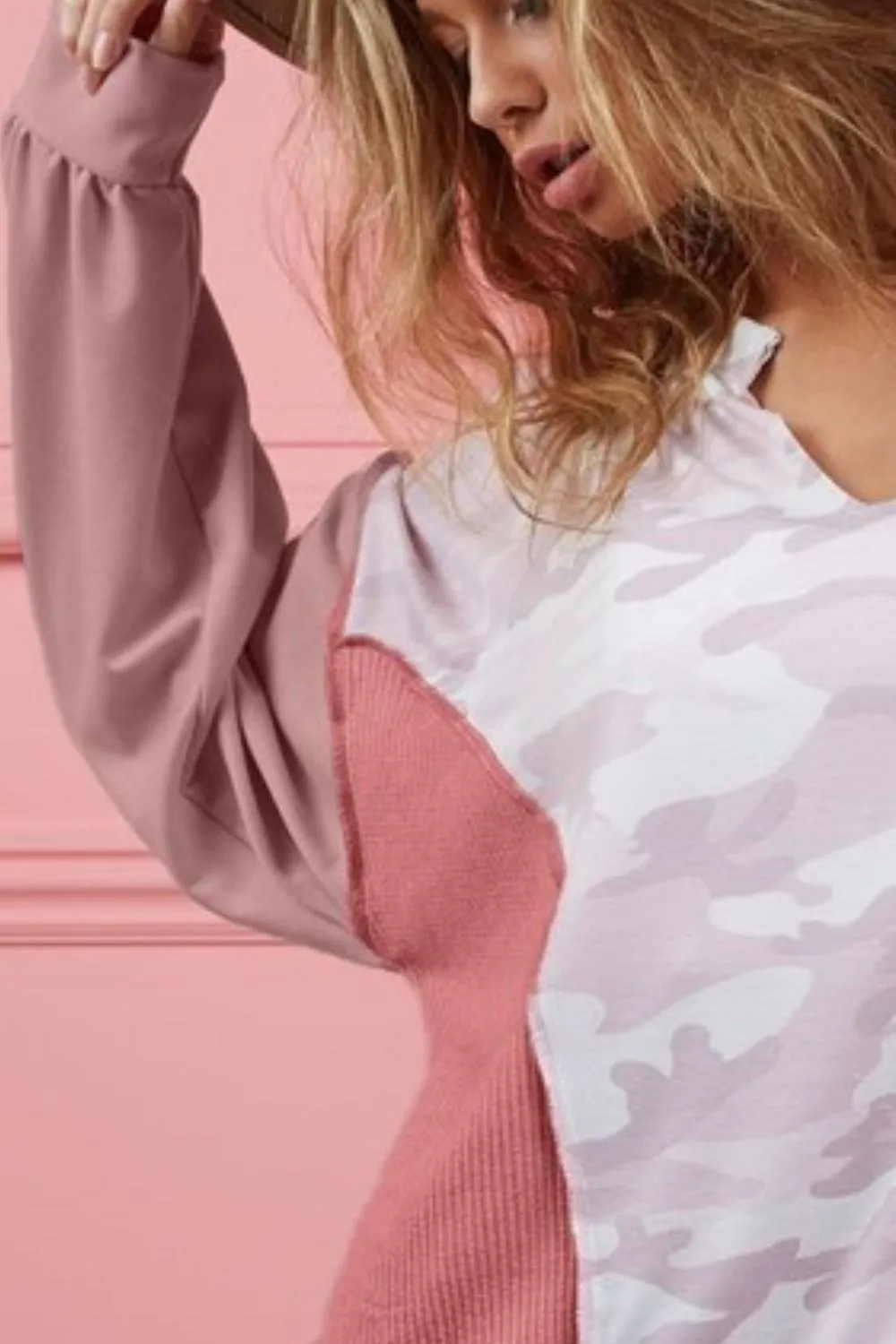 Camo Printed French Terry Knit Color Block Top, image 2