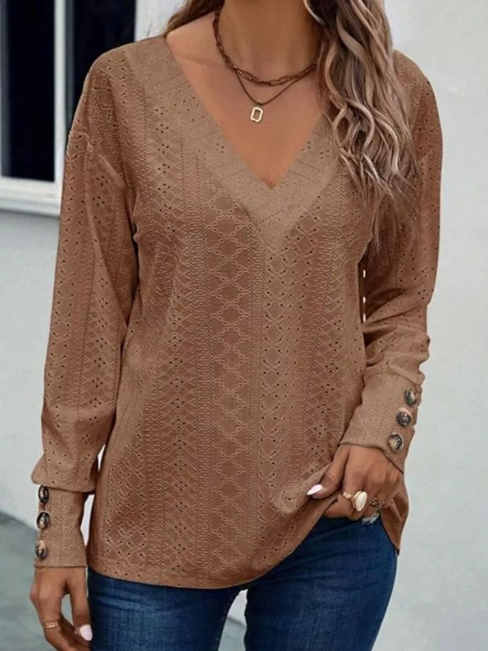 Eyelet V-Neck Long Sleeve T-Shirt, image 14
