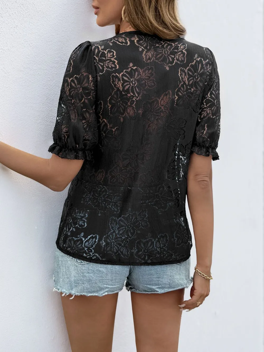Button Down Short Sleeve Lace Shirt, image 7