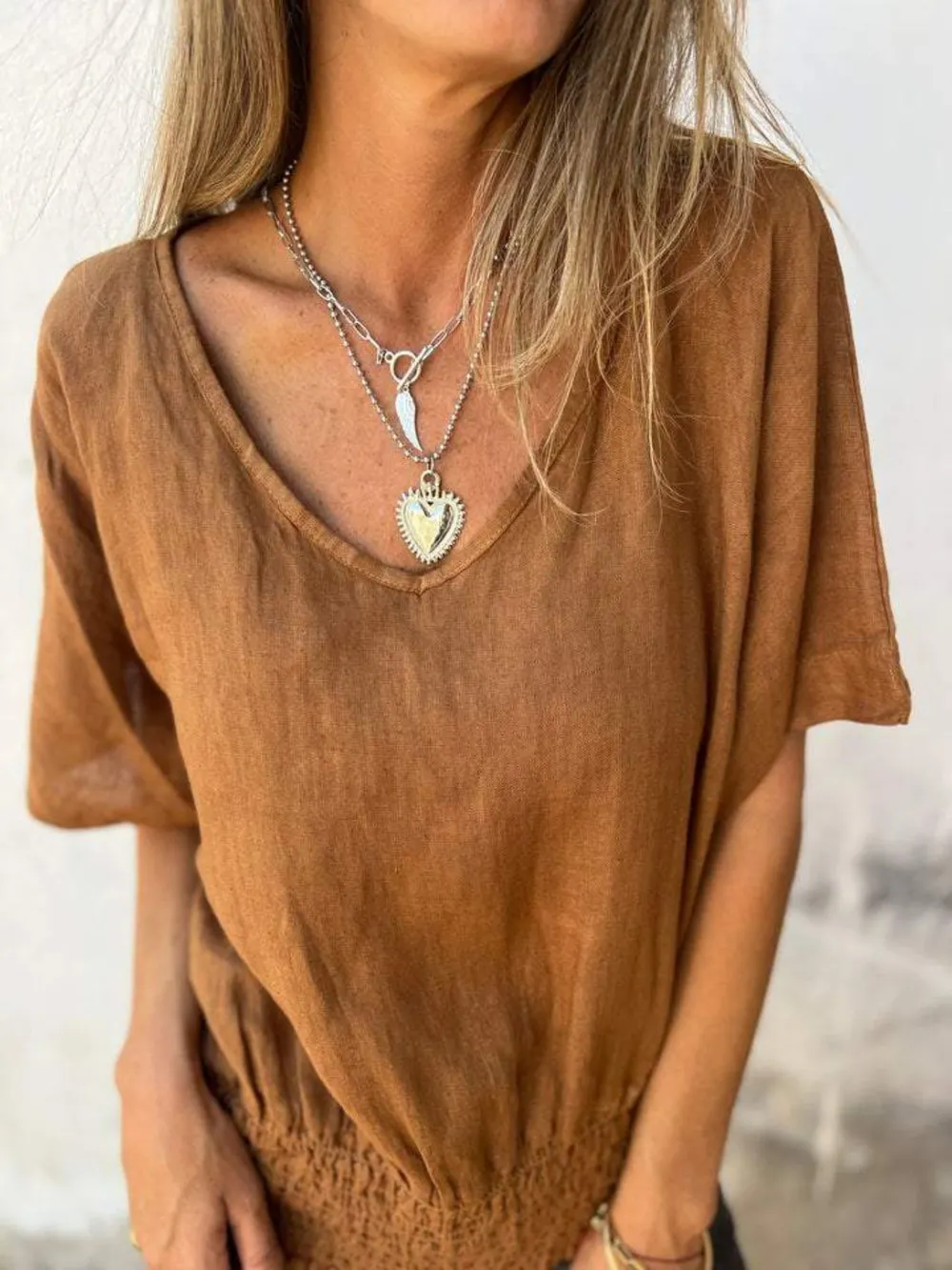 Full Size Smocked Hem V-Neck Relaxed Fit T-Shirt Plus Size, image 11