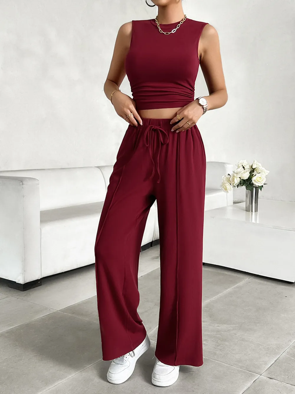 Mock Neck Sleeveless Top and Drawstring Pants Set, image 6