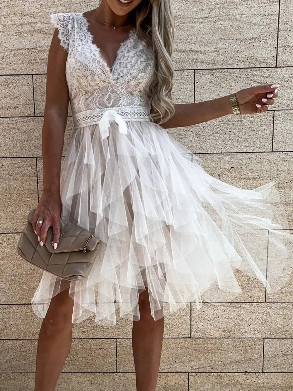 Lace V-Neck Ruffle Dress, image 9
