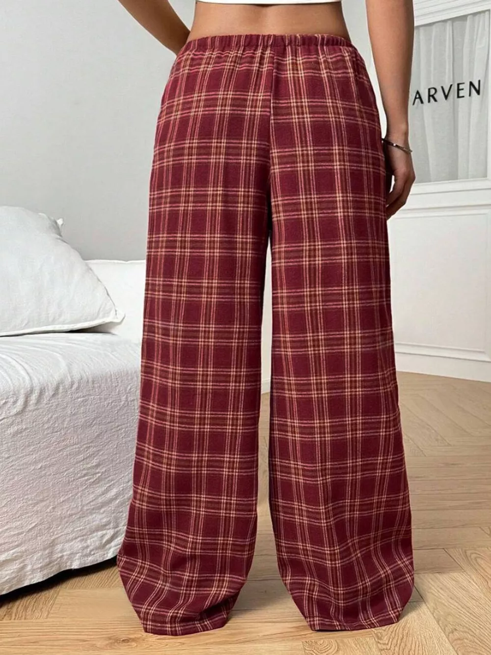 Plaid Drawstring Wide Leg Pants, image 2