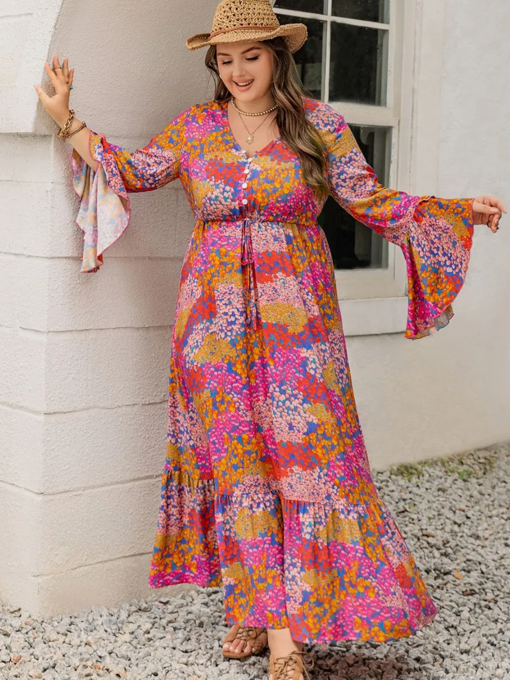 Plus Size Printed V-Neck Long Sleeve Maxi Dress, image 9