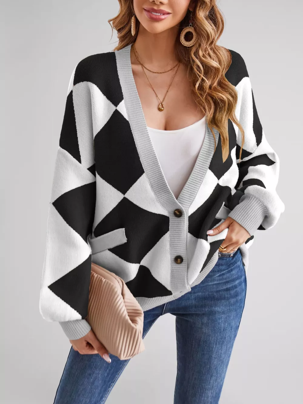 Diamond Pattern Button-Up Knit Cardigan, image 14