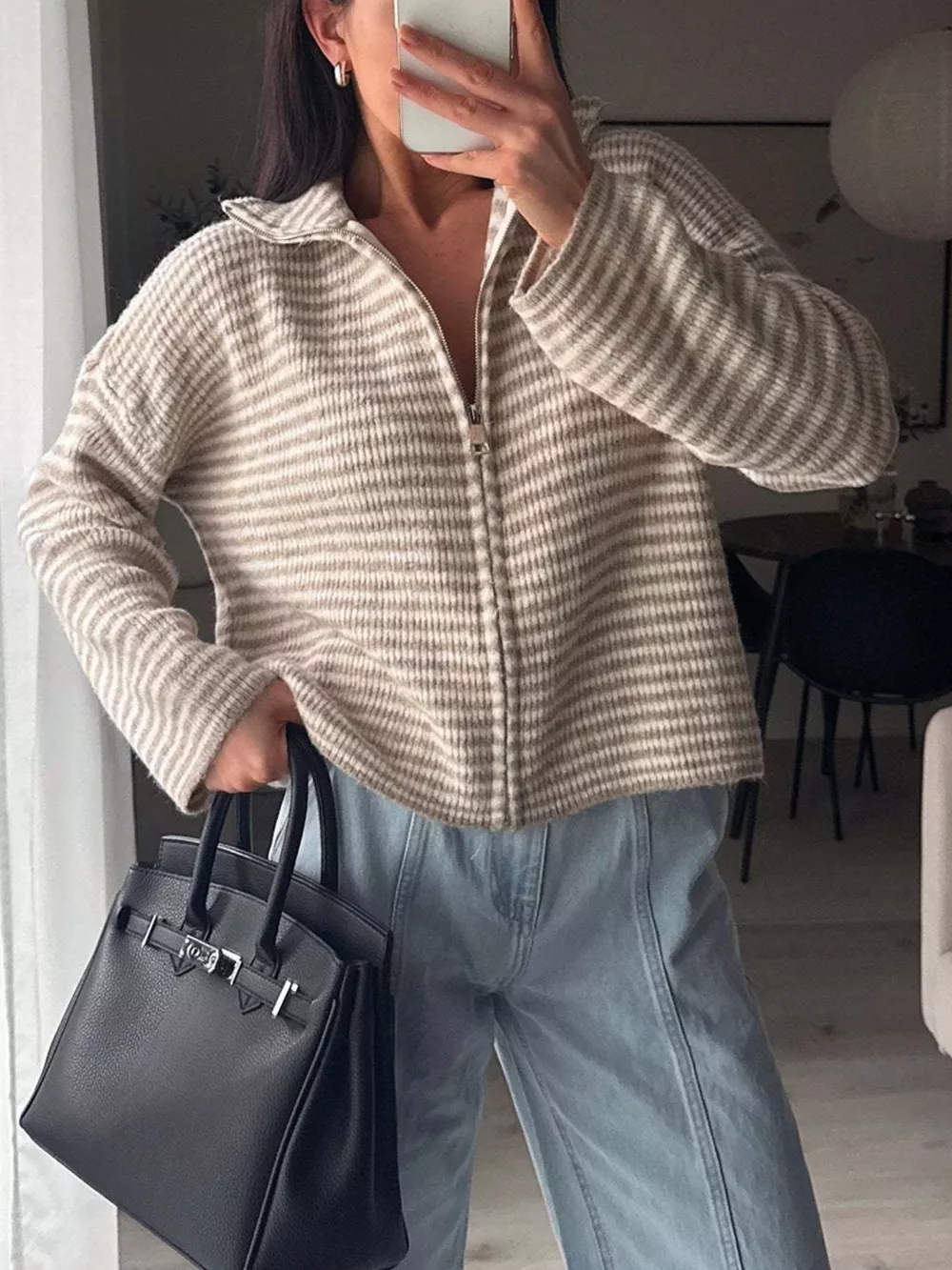 Striped Zip-Up Knit Cardigan