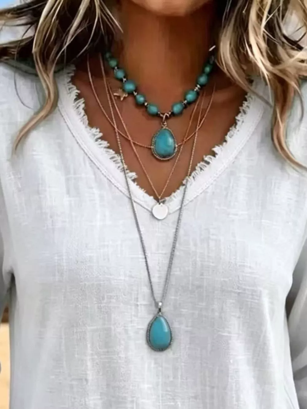 V-Neck Frayed Hem Long Sleeve T-Shirt, image 14