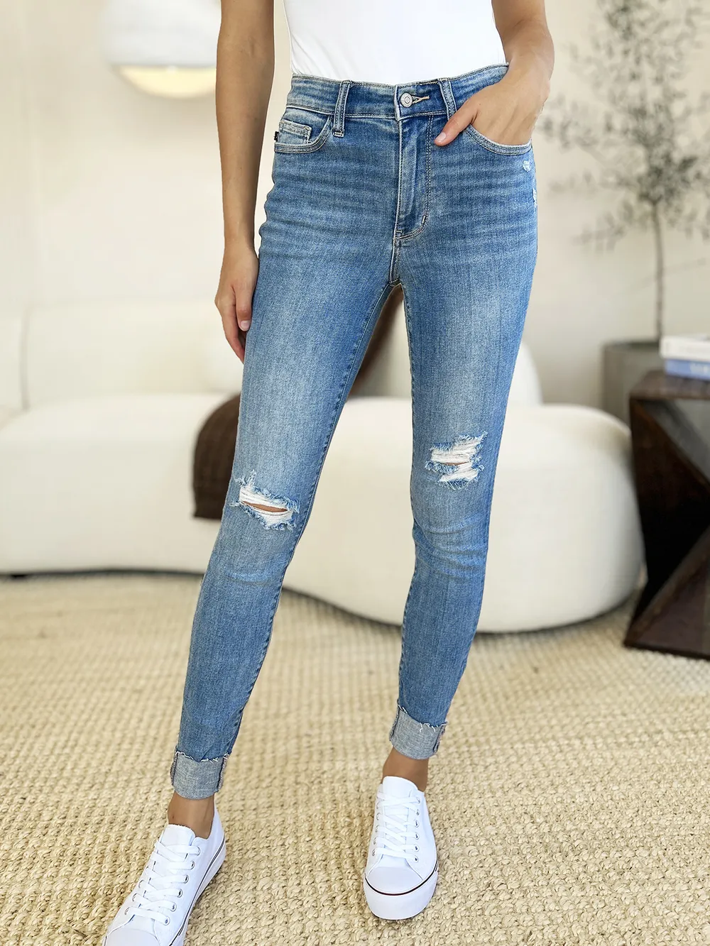 Full Size Mid Rise Destroy & Cuff Skinny Jeans, image 10