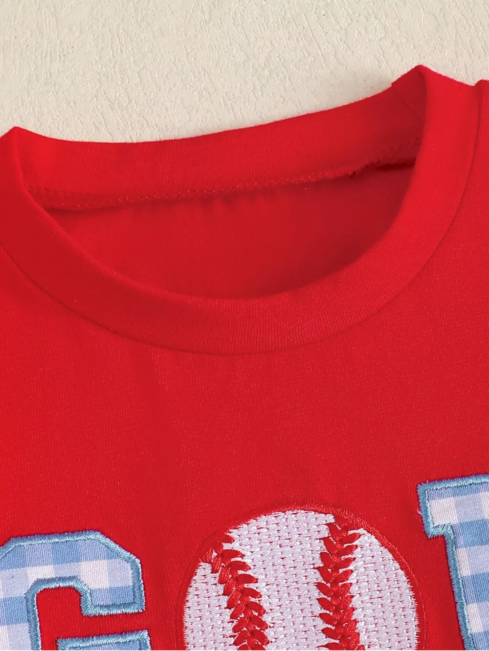 Children's Baseball Embroidered T-shirt and Gingham Shorts Set, image 2