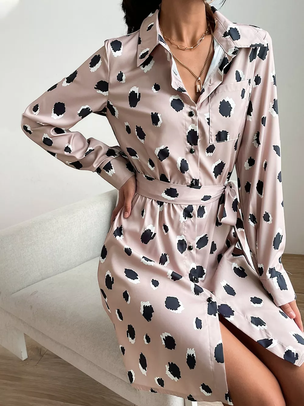 Printed Long Sleeve Mini Shirt Dress, image 6