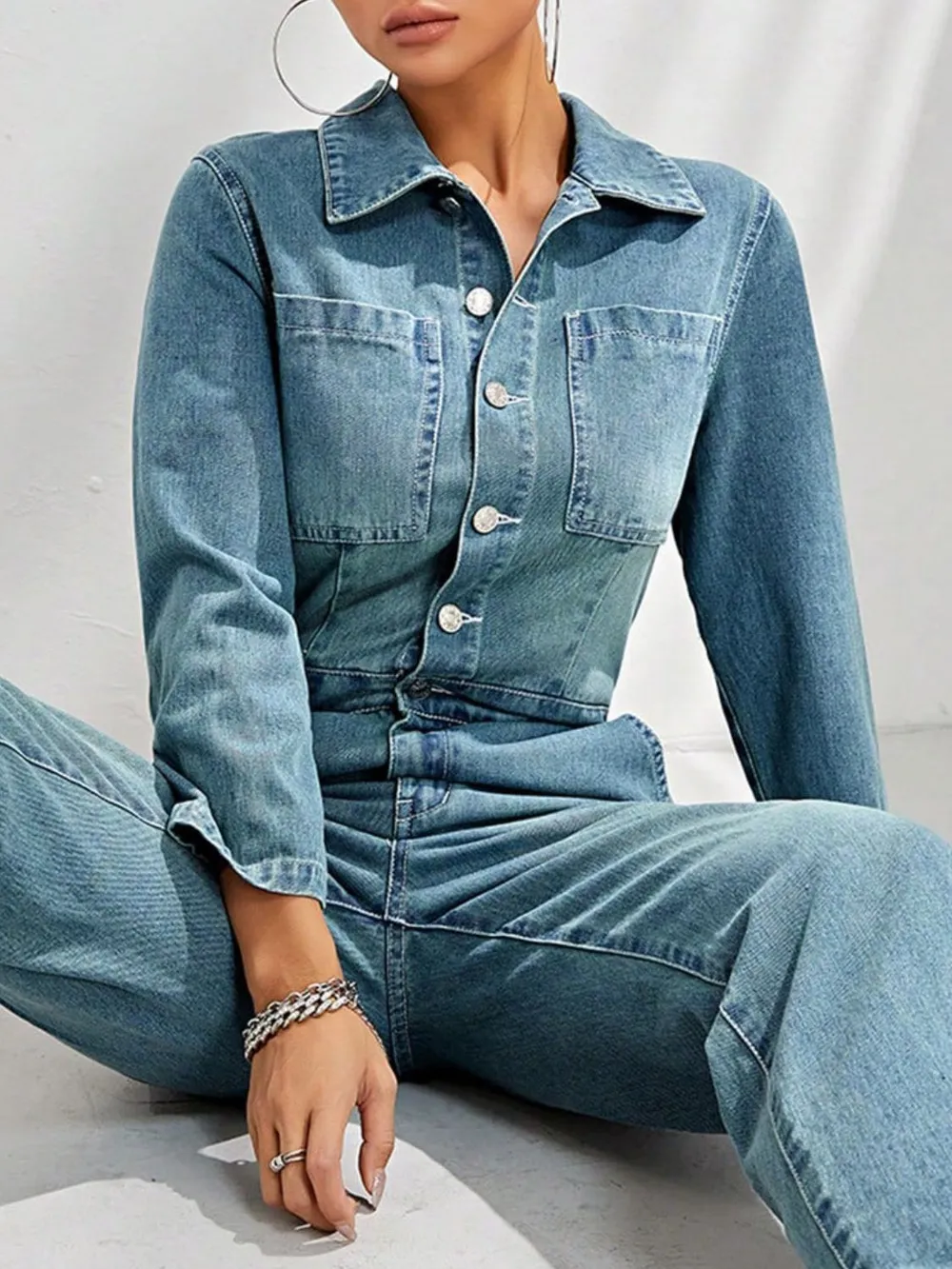 Half Button Long Sleeve Straight Leg Denim Jumpsuit, image 5