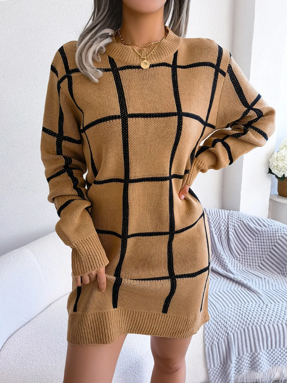 Plaid Round Neck Dropped Shoulder Sweater Dress, image 10