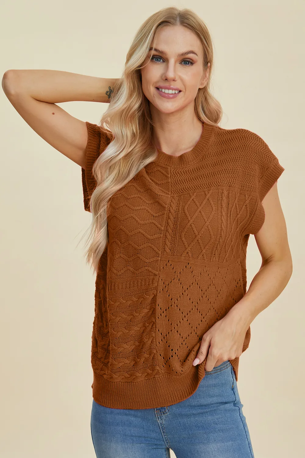 Full Size Cable-Knit Round Neck Cap Sleeve Sweater, image 26