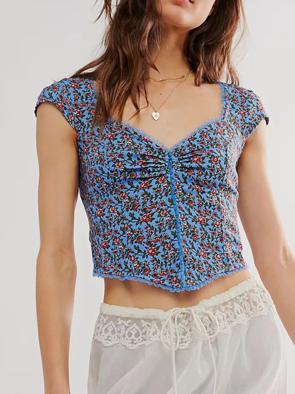 Floral Print Cap Sleeve Cropped Top, image 3