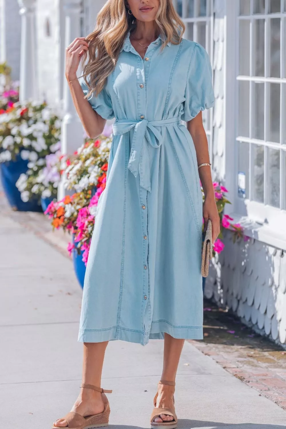 Full Buttons Collared Short Bubble Sleeve Long Denim Dress