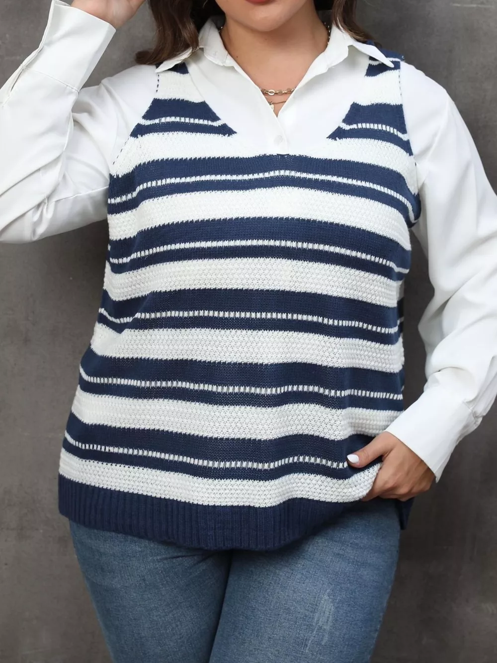 Plus Size Striped V-Neck Knit Sweater Vest, image 3