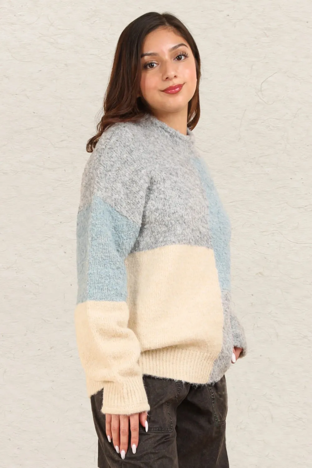 Color Block Mock Neck Drop Shoulder Sweater, image 4