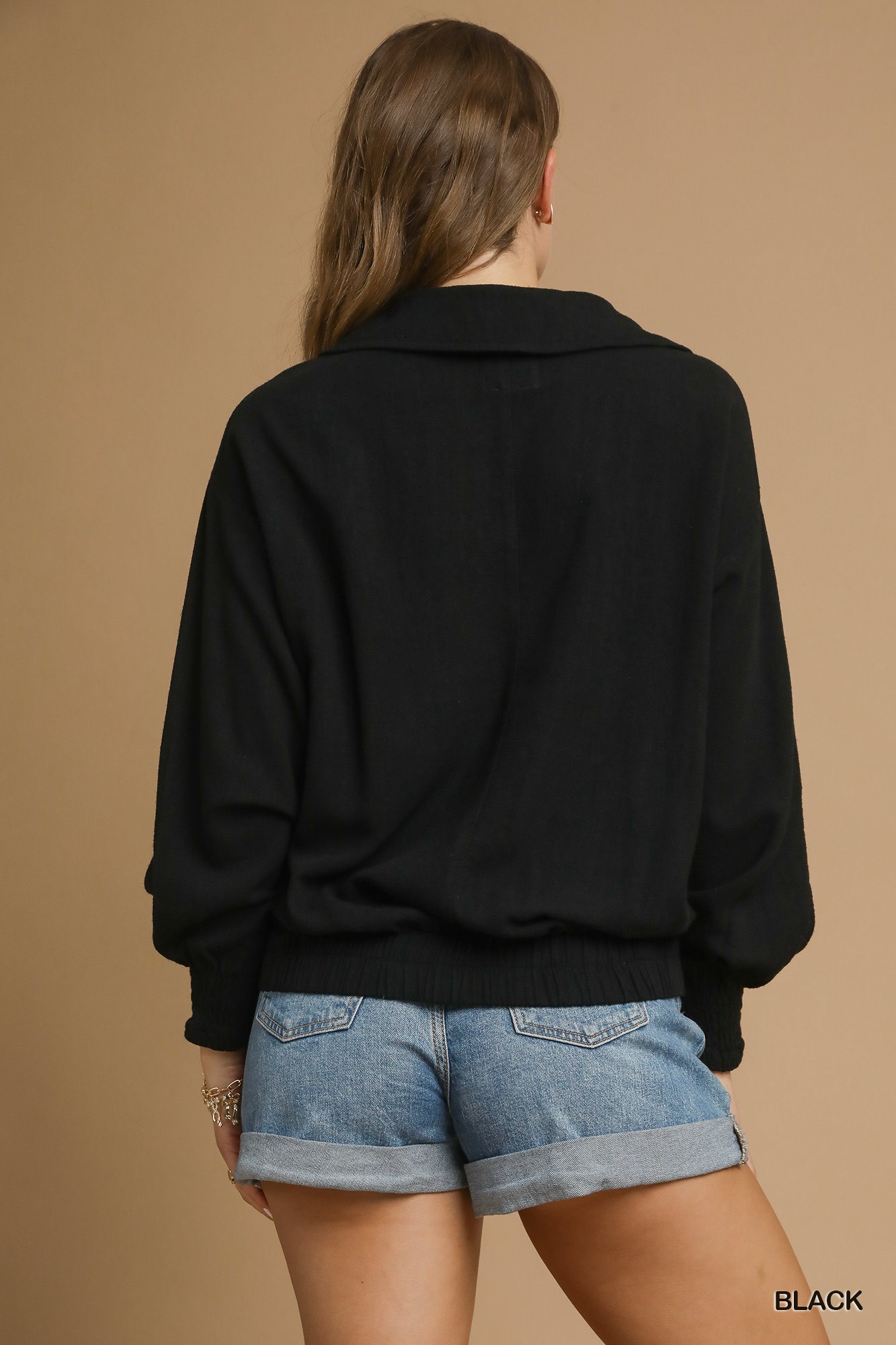 Linen Long Sleeves Elastic Hem Blouse, image 5