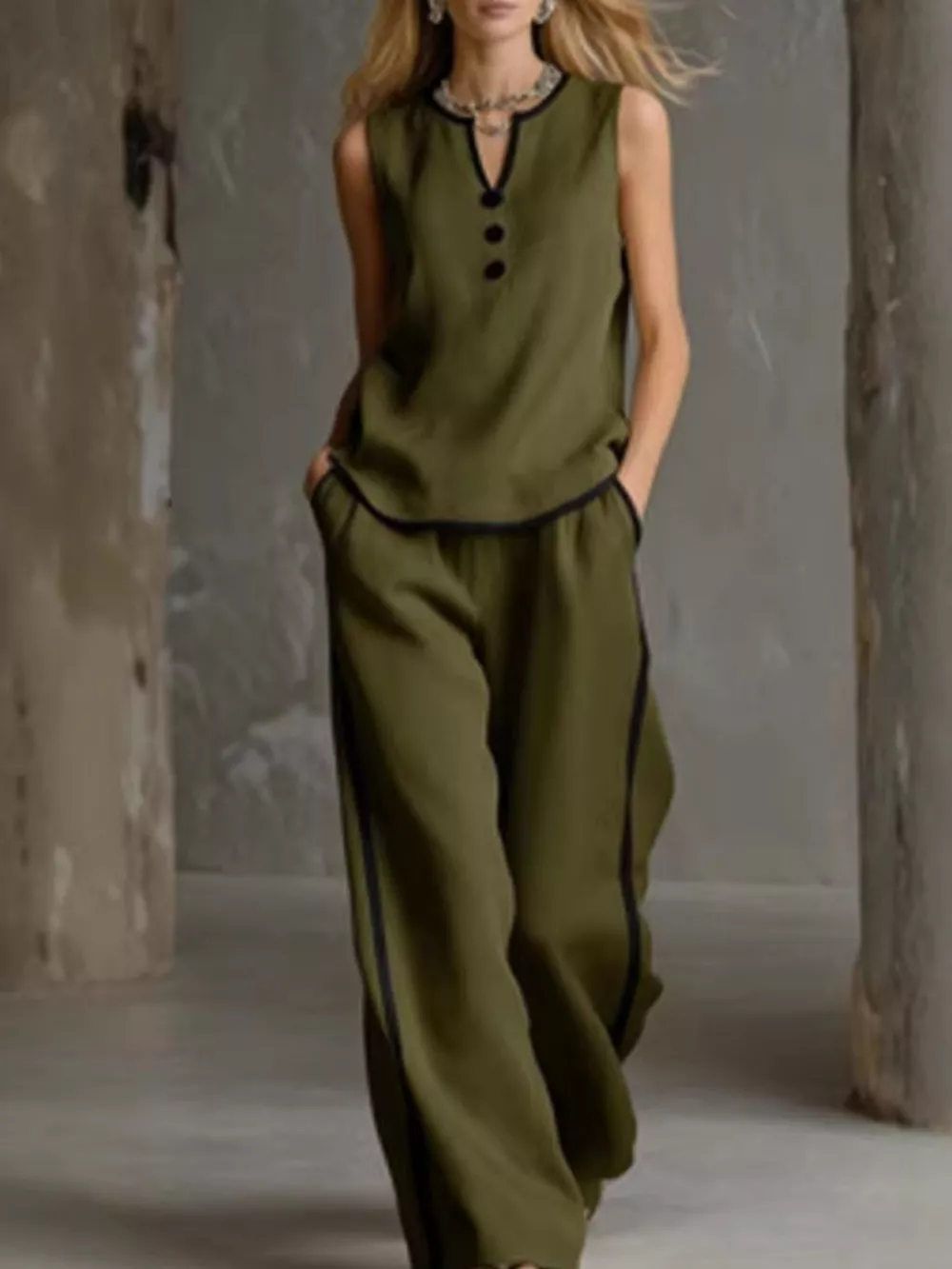 Full Size Contrast Trim Sleeveless Top and Pants Set Plus Size, image 8
