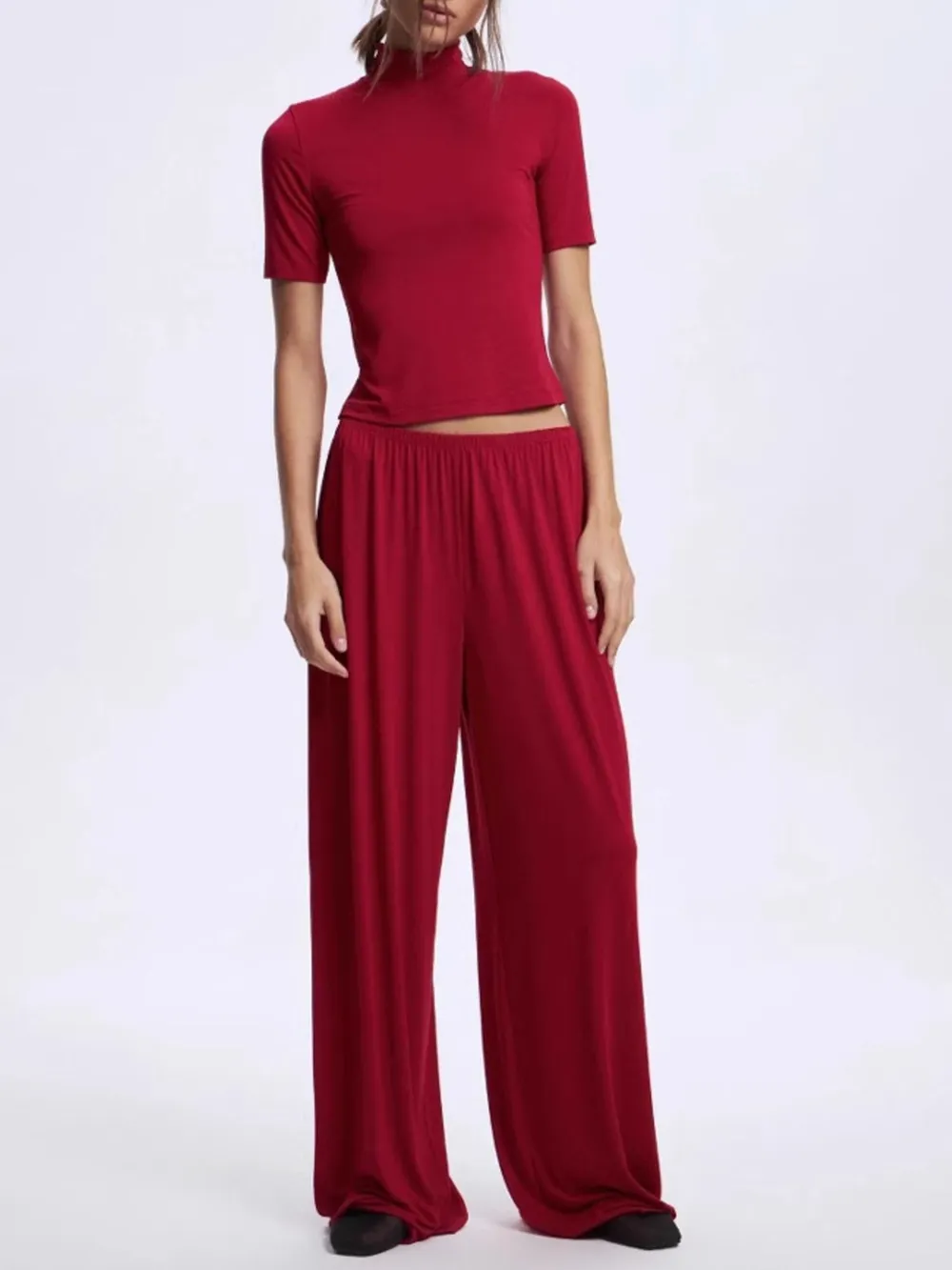 Mock Neck Short Sleeve Top and Pants Set, image 5