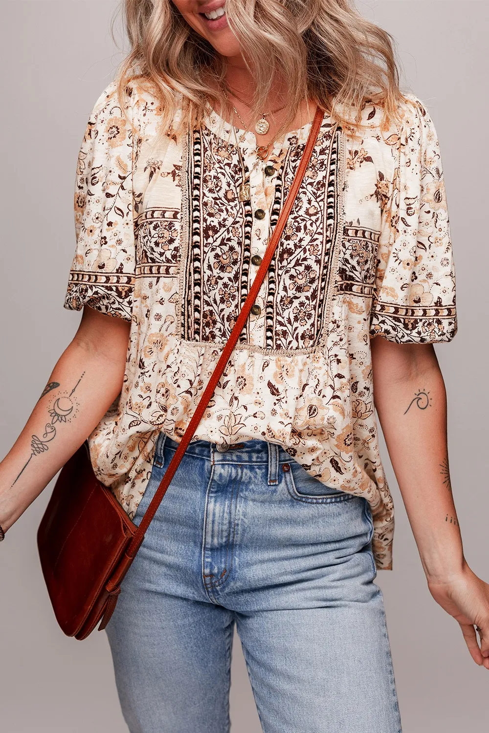 Boho Floral Print Half Placket Short Sleeve Loose Blouse, image 9