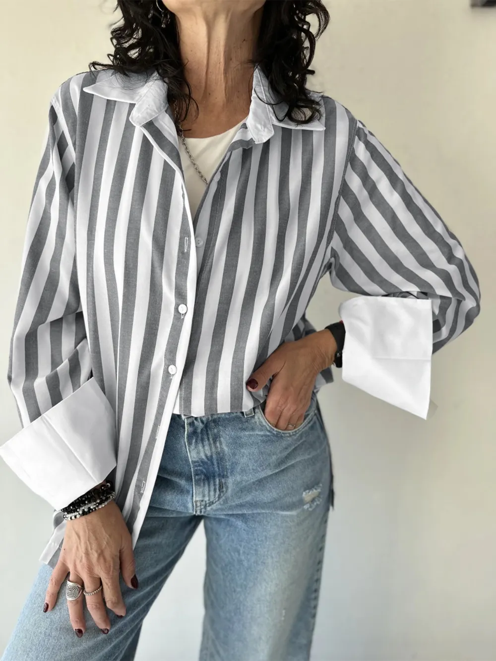 Striped Collared Neck Long Sleeve Shirt, image 5