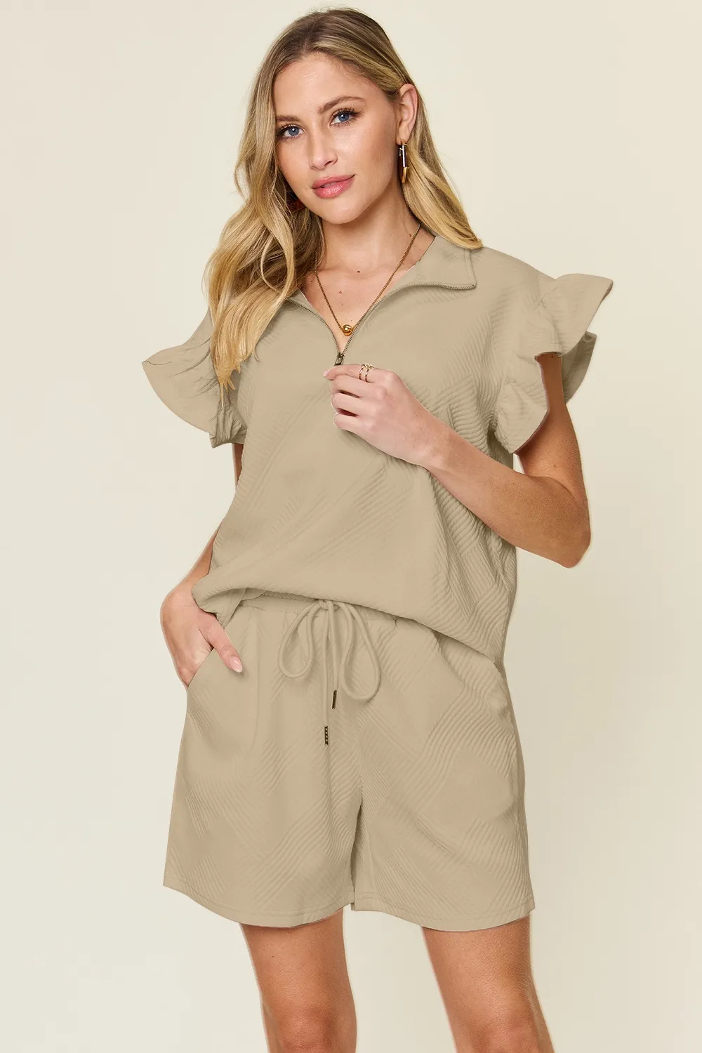 Full Size Texture Flounce Sleeve Top and Drawstring Shorts Set, image 31