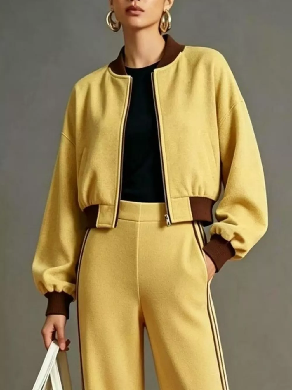 Contrast Ribbed Jacket and Wide-Leg Pants Tracksuit Set, image 5