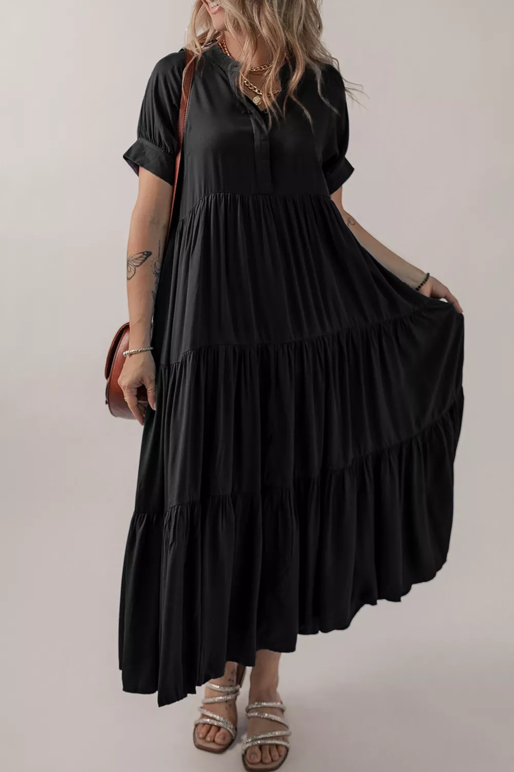 Hidden Buttons Short Sleeve Ruffle Tiered Long Flared Dress