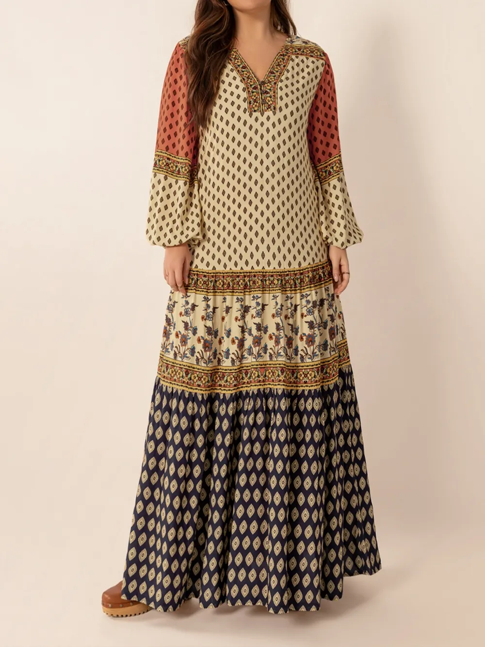 Printed V-Neck Balloon Sleeve Maxi Dress, image 5