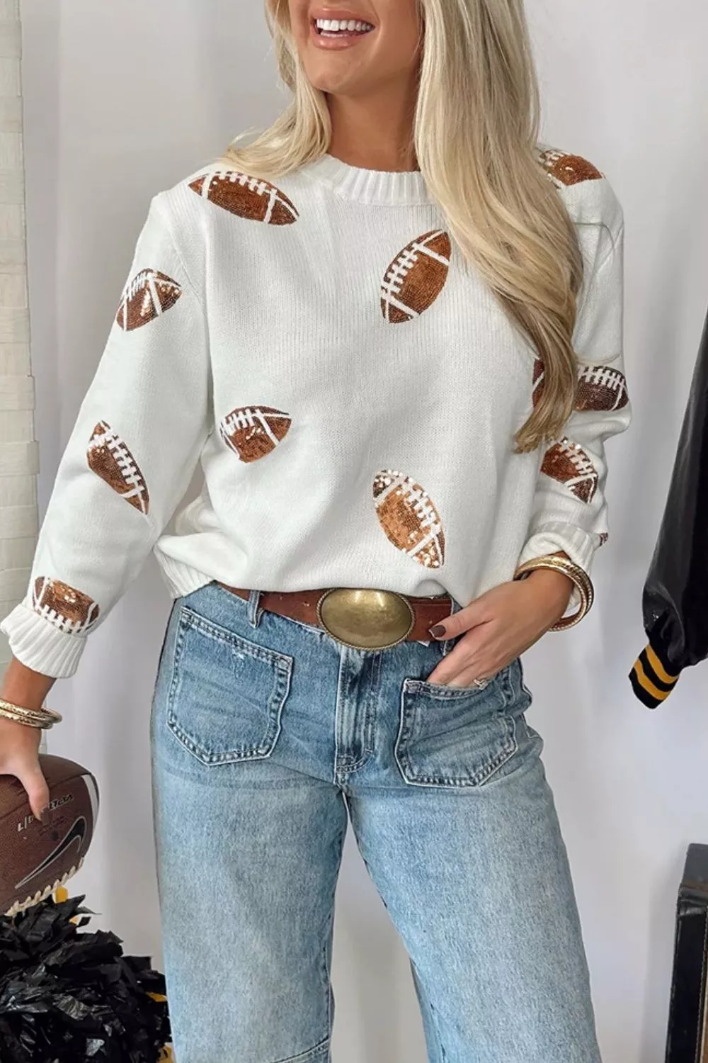 Sequin Football Print Round Neck Long Sleeve Loose Fit Sweater, image 6