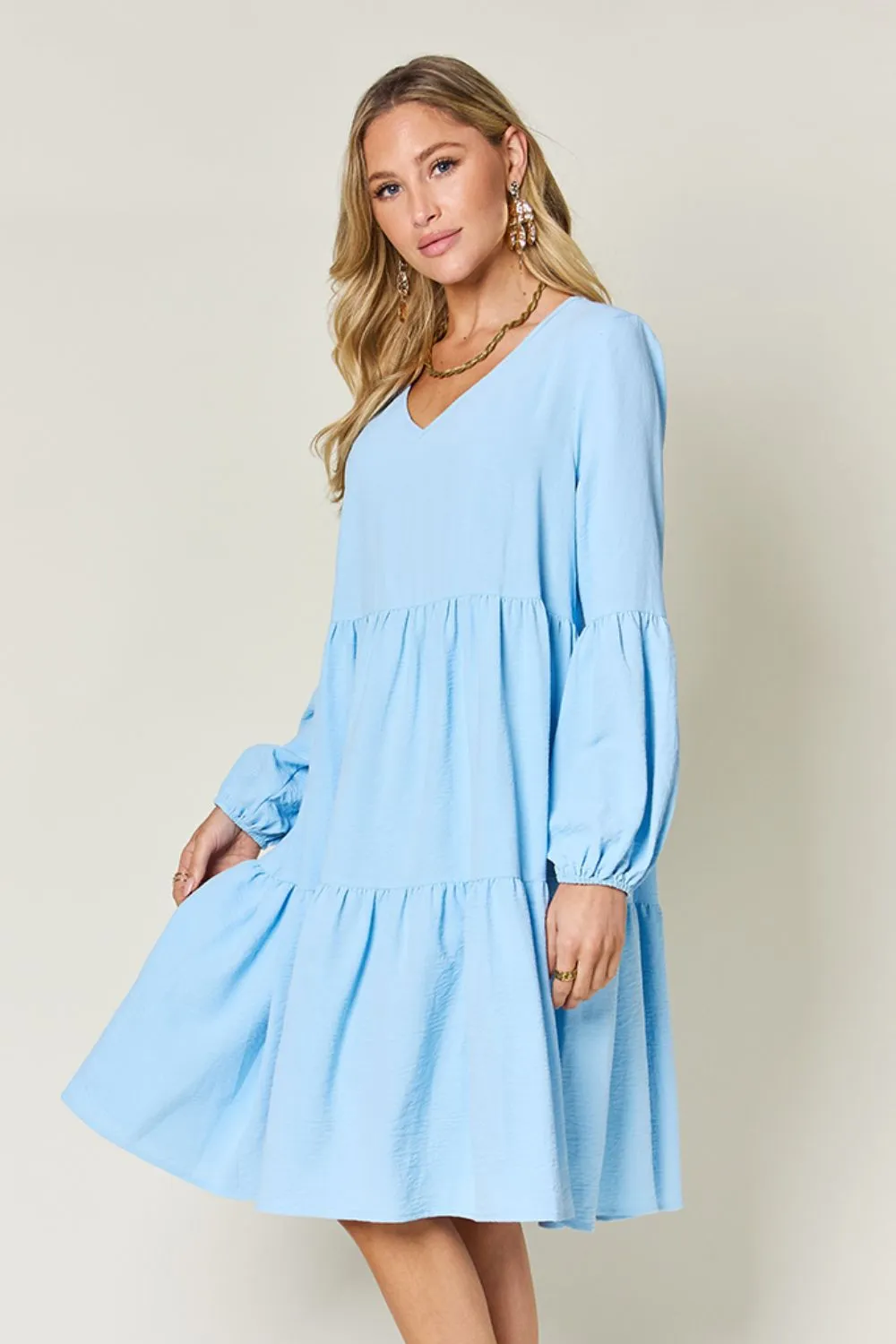 Full Size V-Neck Balloon Sleeve Tiered Dress with Pockets, image 22