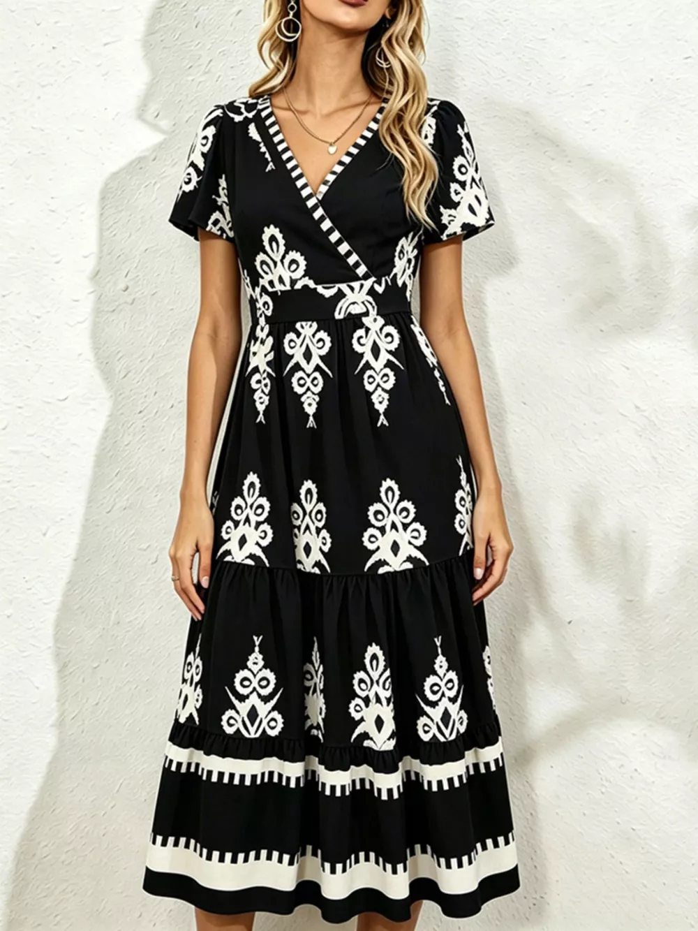 Printed Surplice Short Sleeve Dress, image 7