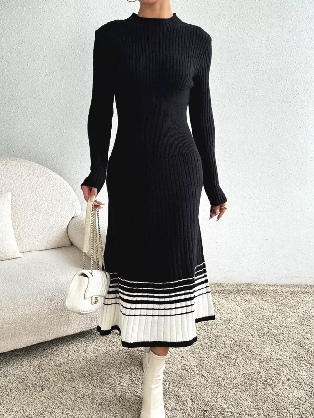 Ribbed Knit Sweater Dress with Striped Hem, image 2