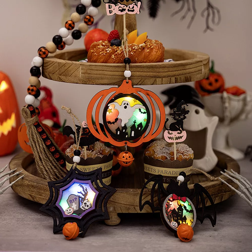 Halloween LED Lighted Wooden Hanging Decorative Ornaments Set