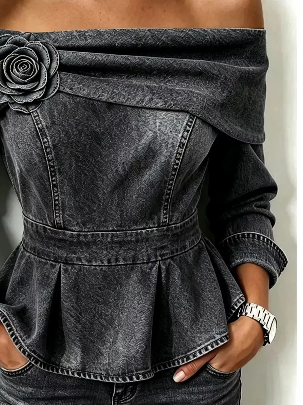 Full Size Off-Shoulder Floral Denim Look Top Plus Size, image 9