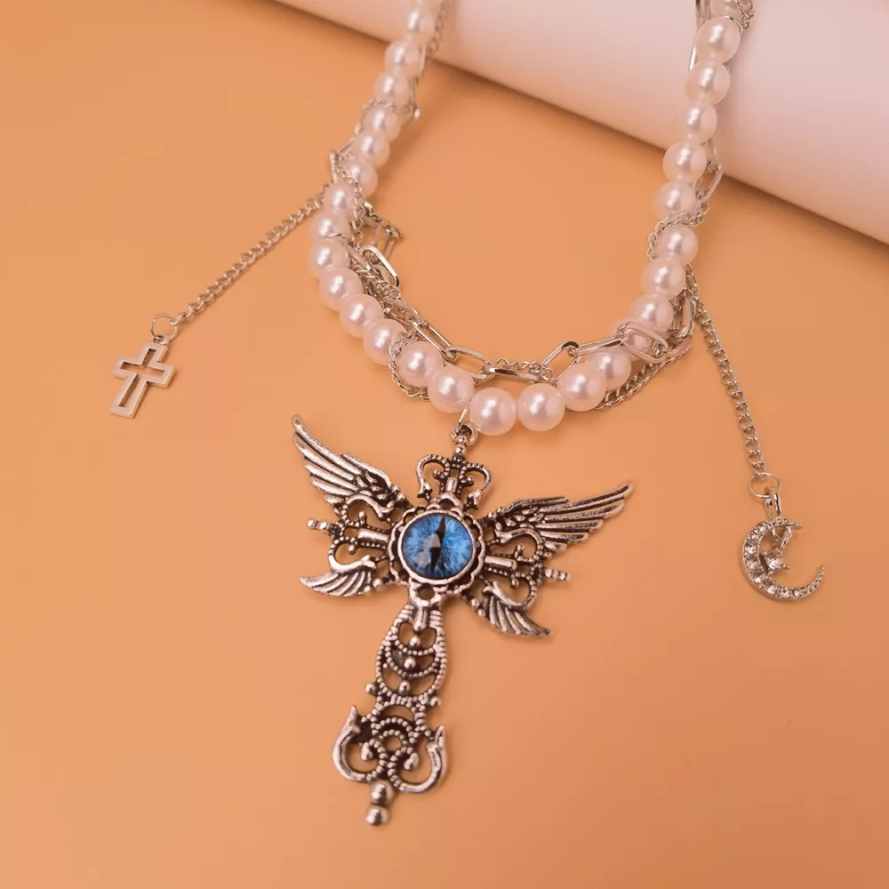 Gothic Pearl Double Layered Necklace with Wing Pendant, image 8
