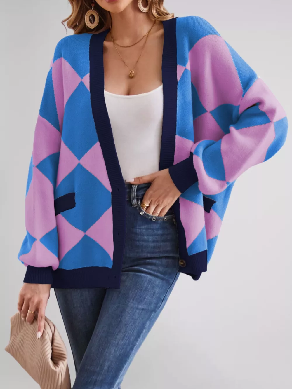 Diamond Pattern Button-Up Knit Cardigan, image 13