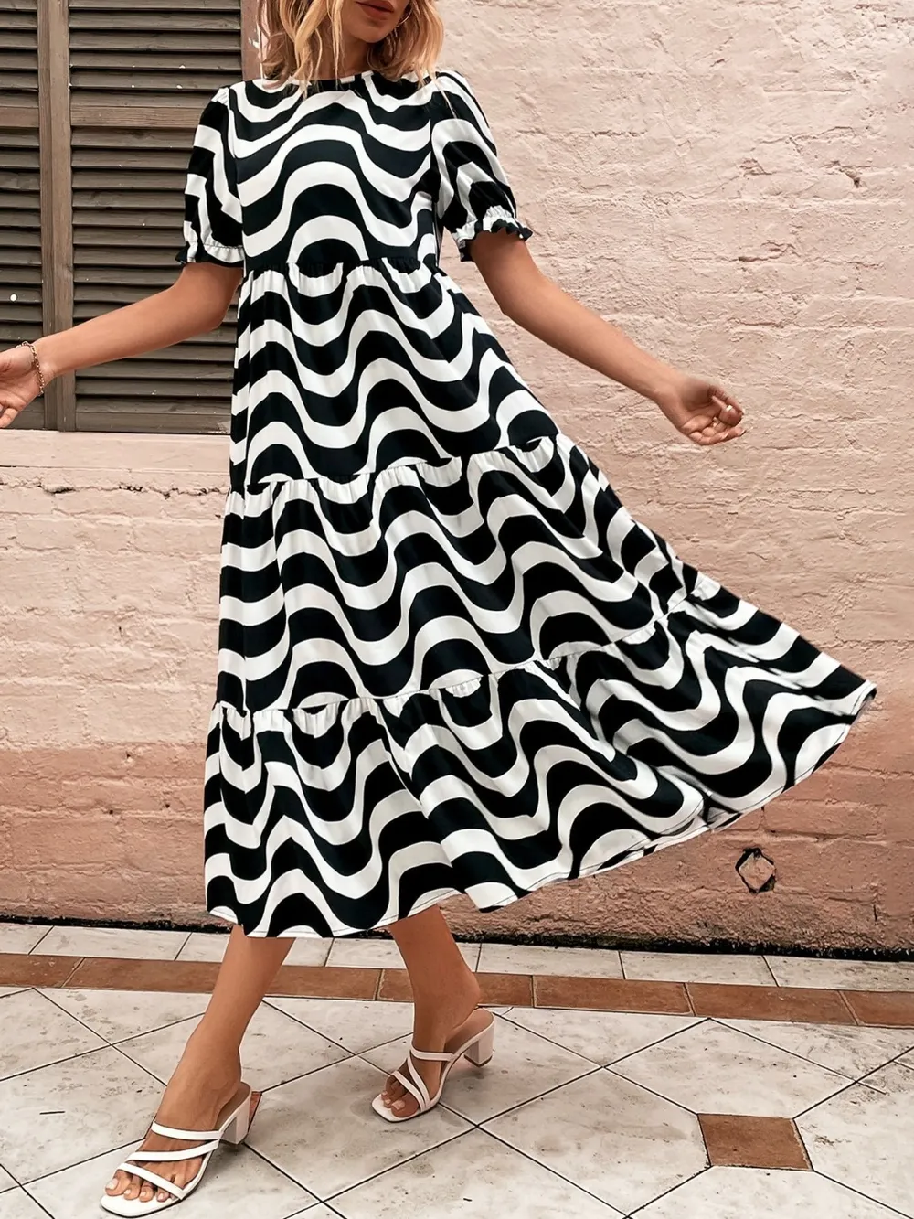 Wavy Striped Round Neck Short Sleeve Dress, image 19