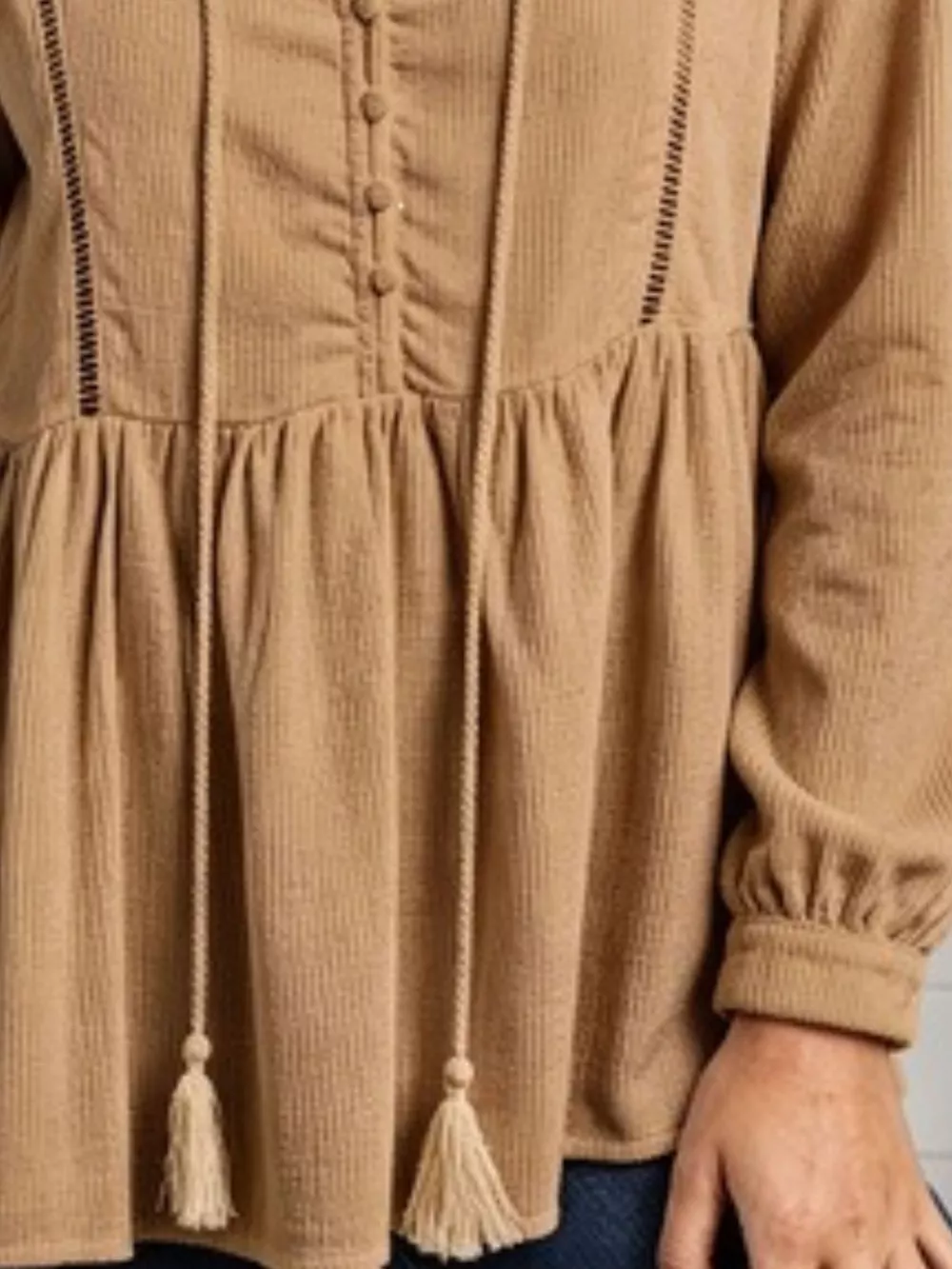 Tassel Drawstring Long Sleeve Peplum Top, image 9