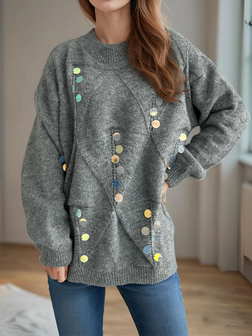 Sequin Mock Neck Long Sleeve Sweater, image 4