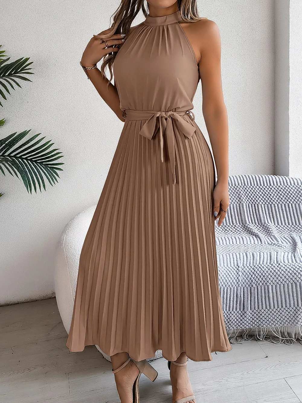 Grecian Neck Tie Waist Pleated Dress, image 17