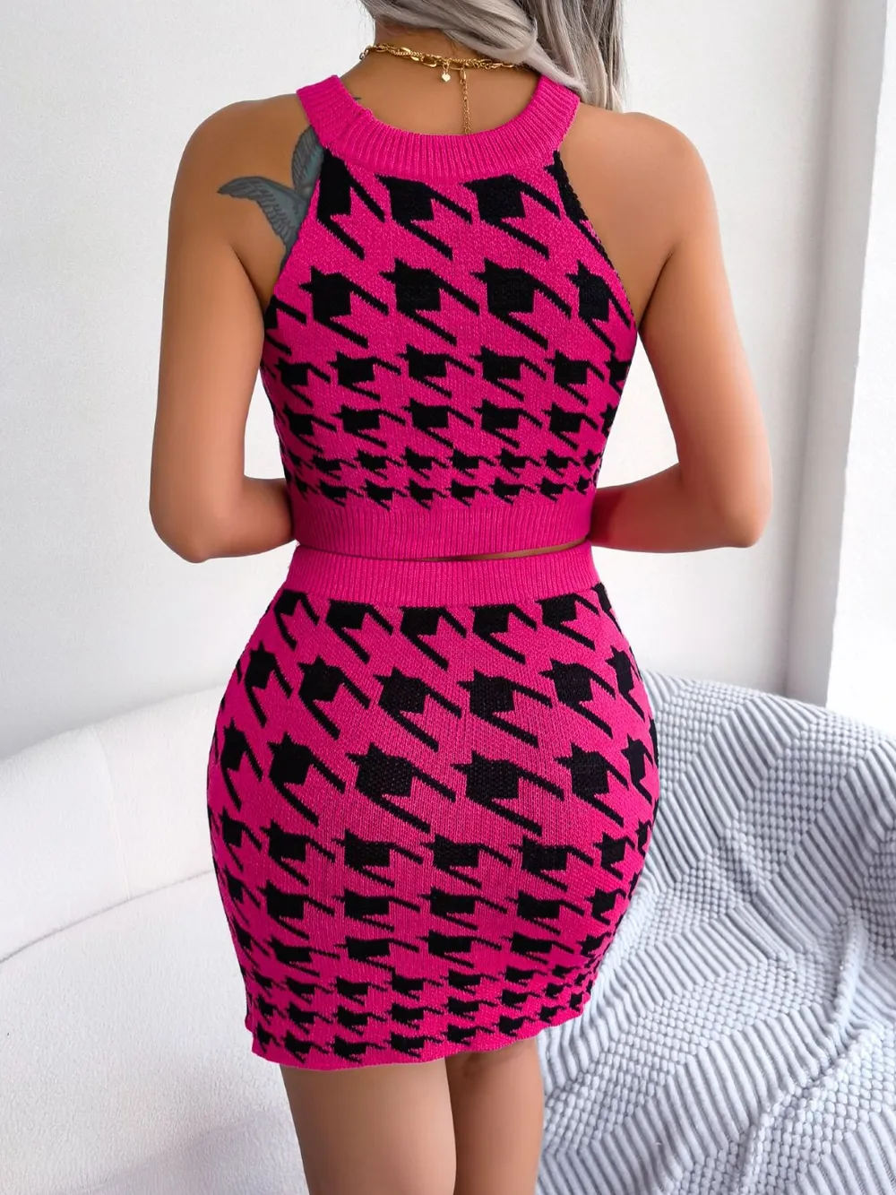 Houndstooth Sleeveless Top and Skirt Sweater Set, image 9