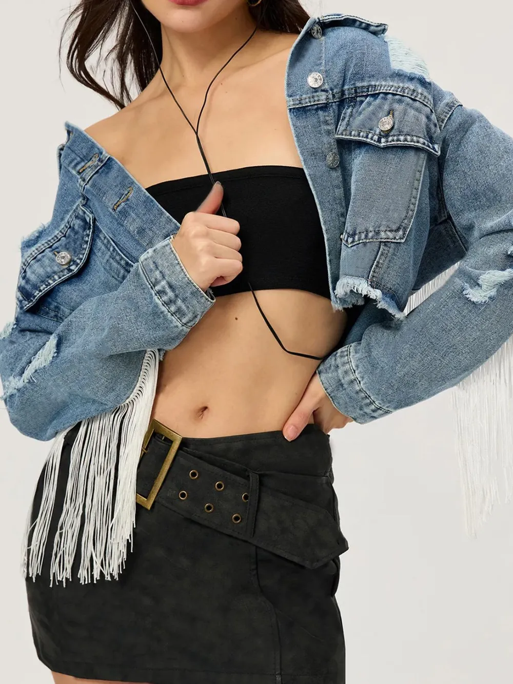 Distressed Fringe Collared Neck Cropped Denim Top, image 5