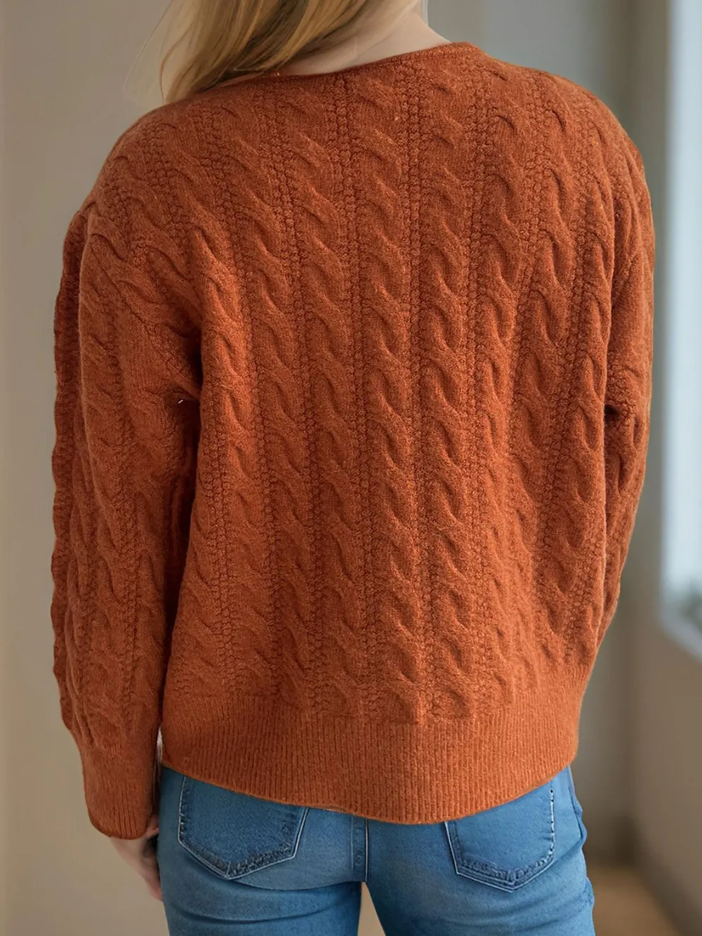 Cable-Knit Round Neck Long Sleeve Cardigan, image 20