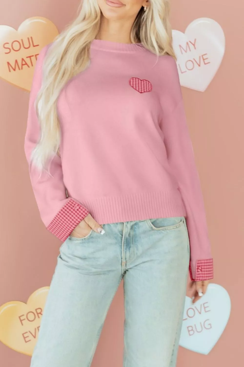 Plaid Heart Embroidered Cuffed Drop Shoulder Crew Neck Sweater, image 6