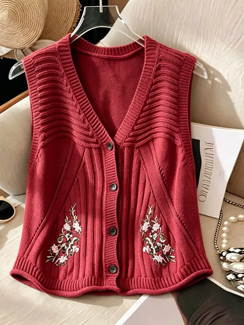 Floral Embroidered V-Neck Button-Down Sweater Vest, image 5