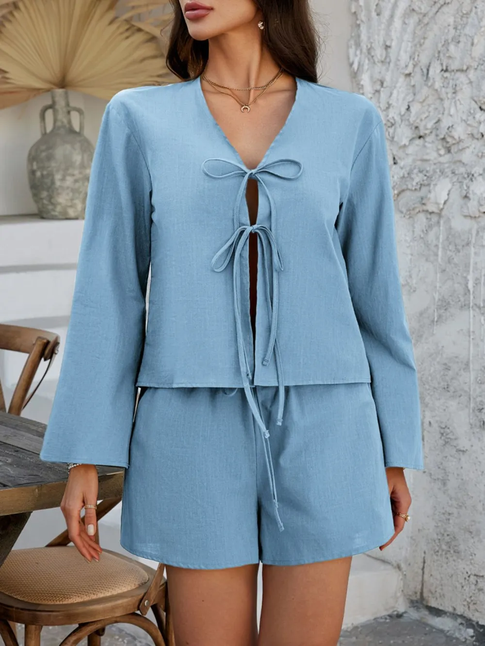Double Tied V-Neck Top and Shorts Set, image 19